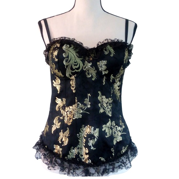 Black & Gold Floral Lace Trim Corset Top Steampunk Gothic Lolita Victorian - Picture 3 of 15